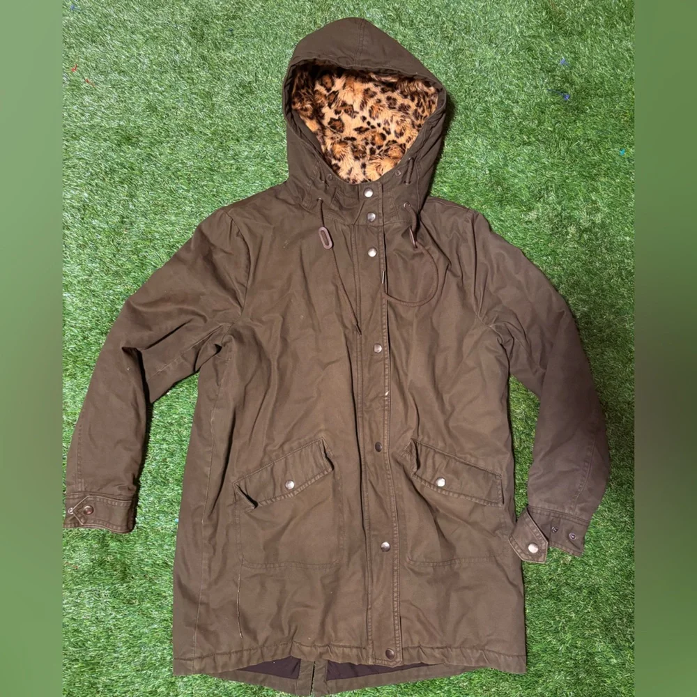 Leopard print fur Forever 21 hooded parka jacket - Picture 3 of 7